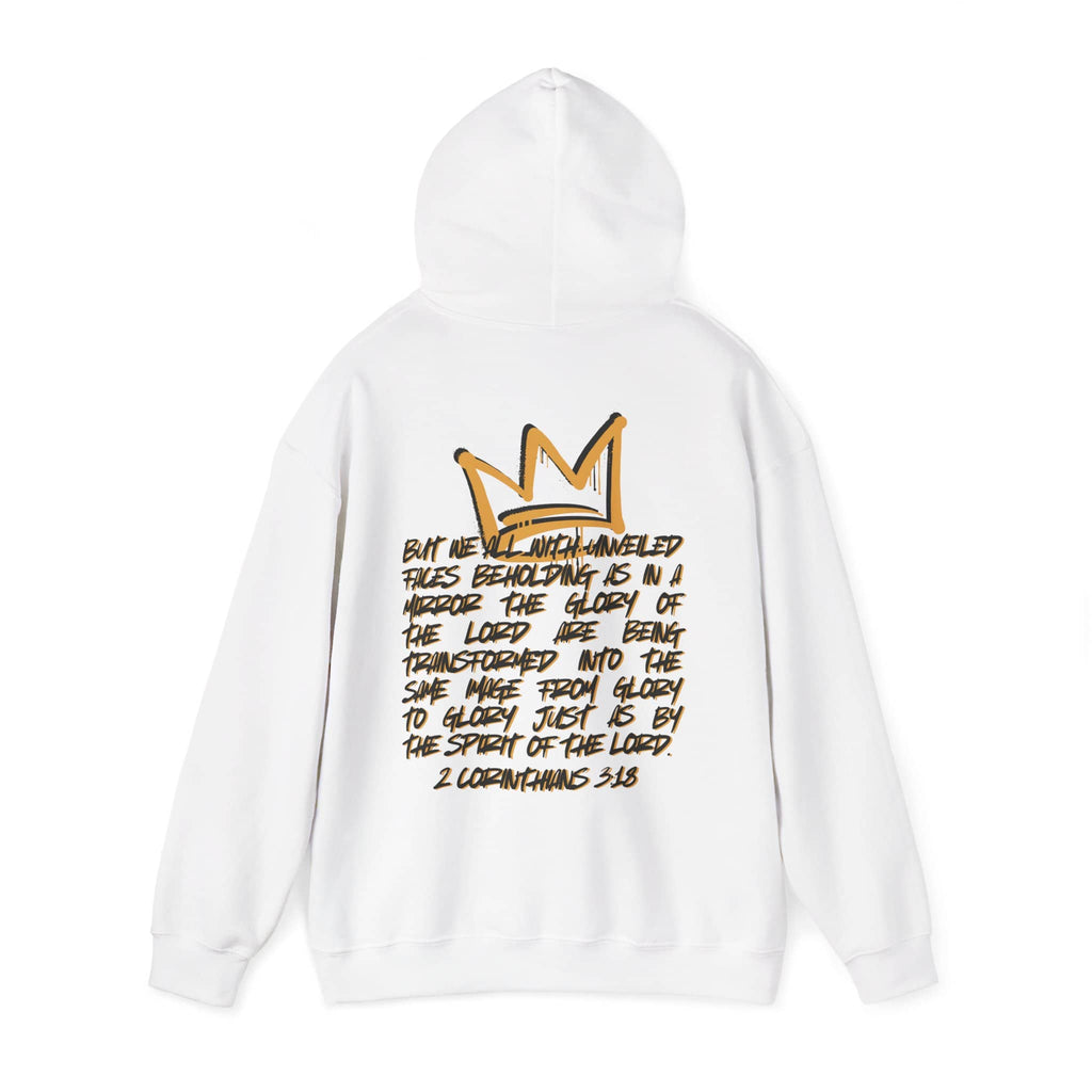 Hoodie with 'Glory to Glory' scripture in black text on the back, featuring a crown design, in white