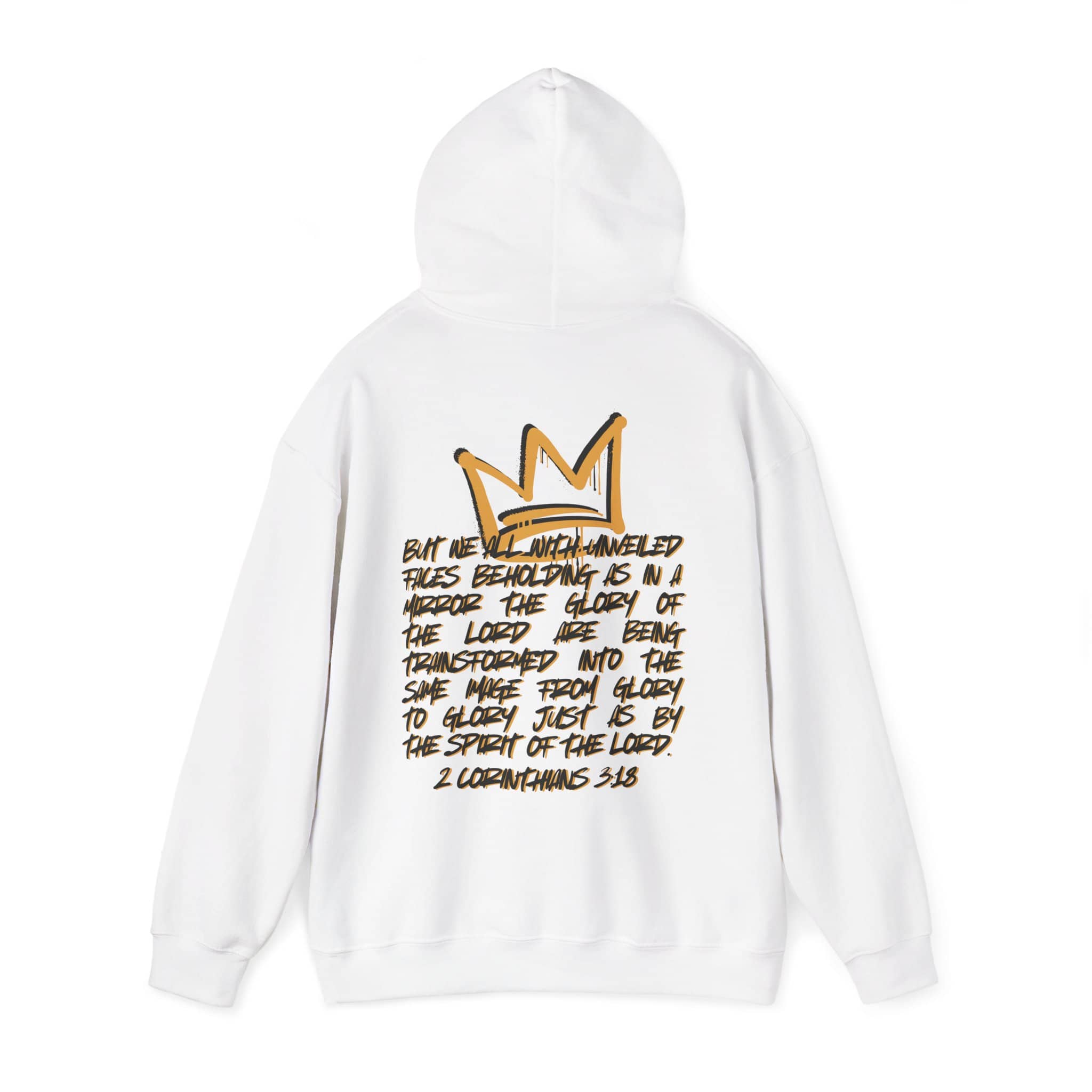 Hoodie with 'Glory to Glory' scripture in black text on the back, featuring a crown design, in white