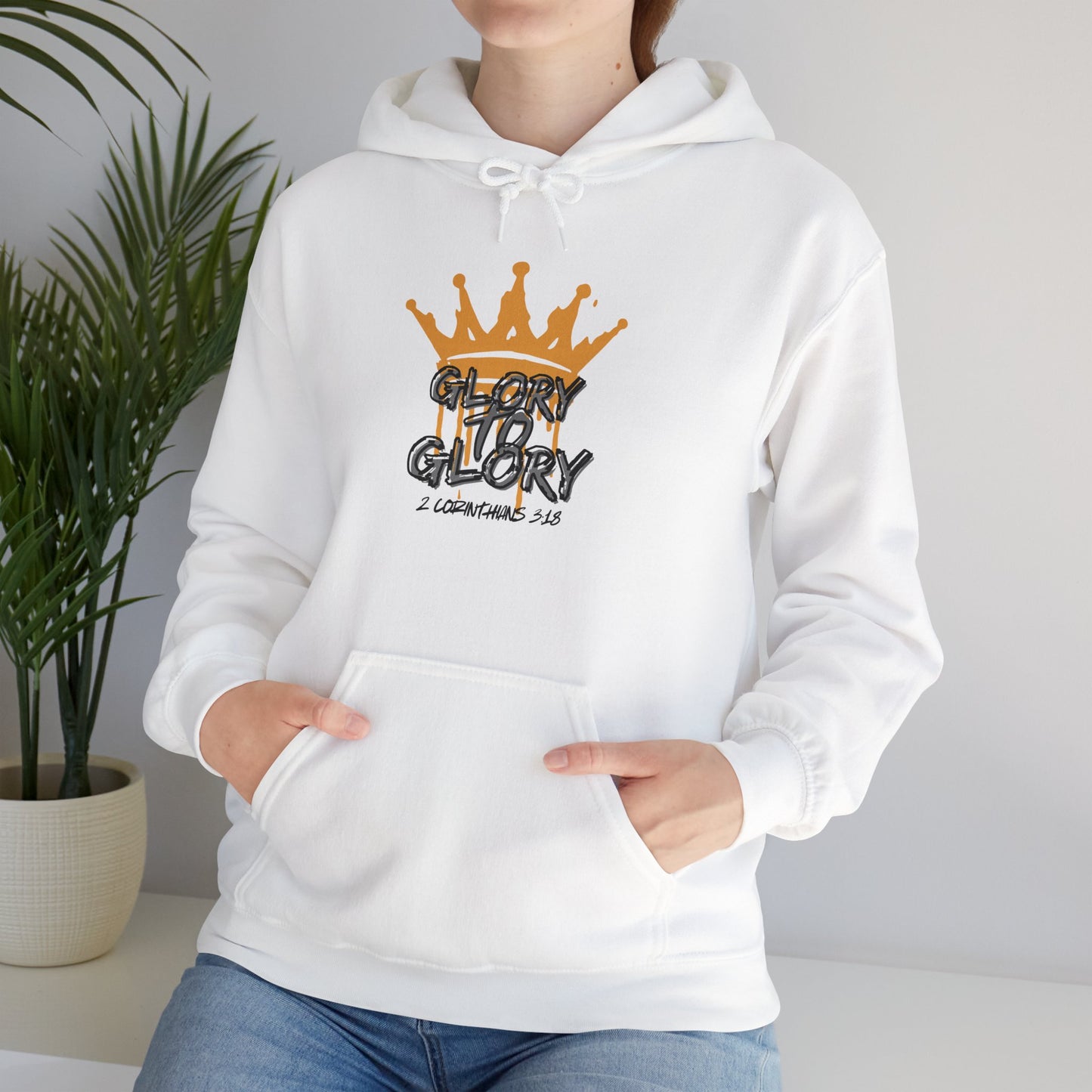 White Glory to Glory hoodie from Logos Co. featuring a crown design and biblical text on front