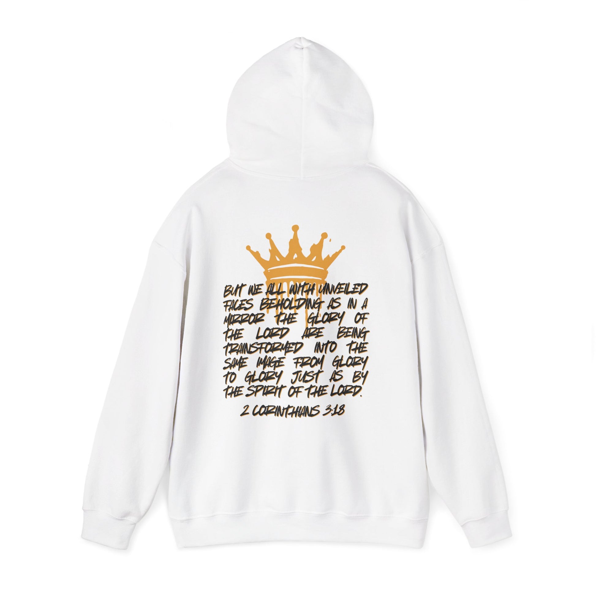 White Glory to Glory hoodie with gold crown and inspirational Bible verse on back from Logos Co.