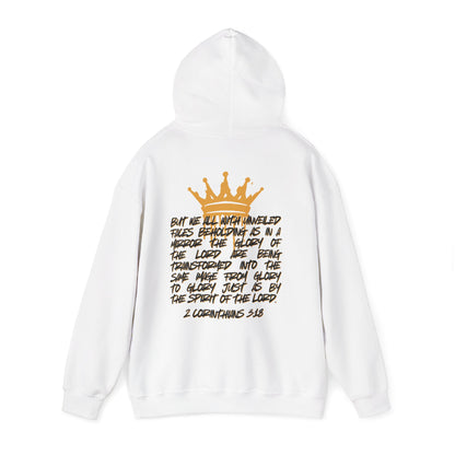 White Glory to Glory hoodie with gold crown and inspirational Bible verse on back from Logos Co.