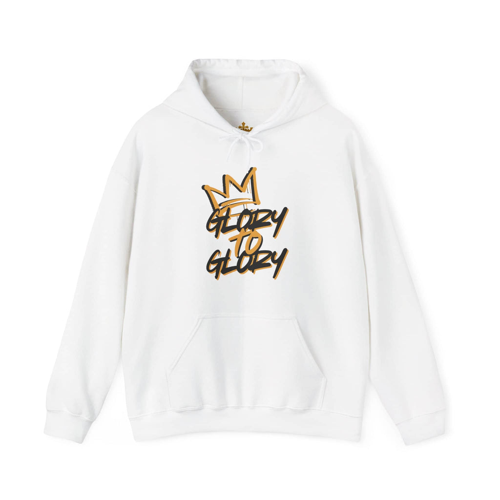 Hoodie with 'Glory to Glory' phrase in gold on white fabric, front view