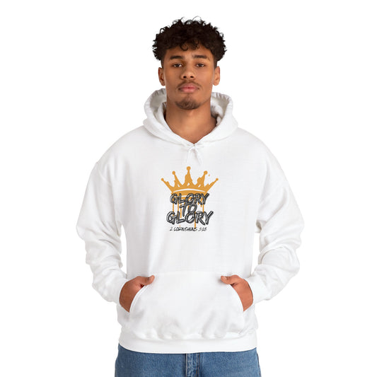 White Glory to Glory hoodie with gold crown graphic and scripture text worn by male model
