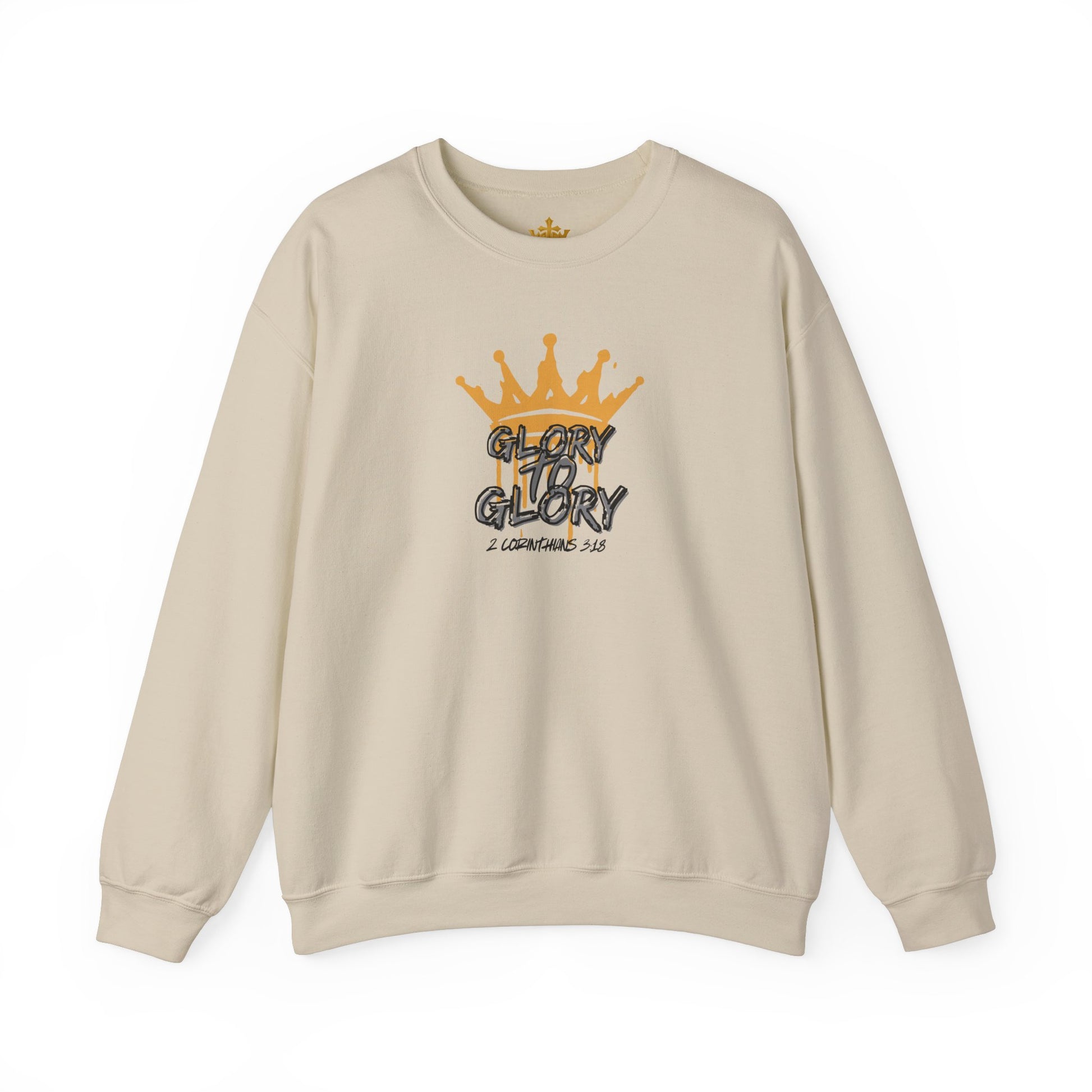 Logos beige sweatshirt with Glory to Glory inspirational apparel text and gold crown graphic