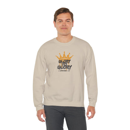 Beige sweatshirt with Glory to Glory inspirational apparel design featuring a gold crown print