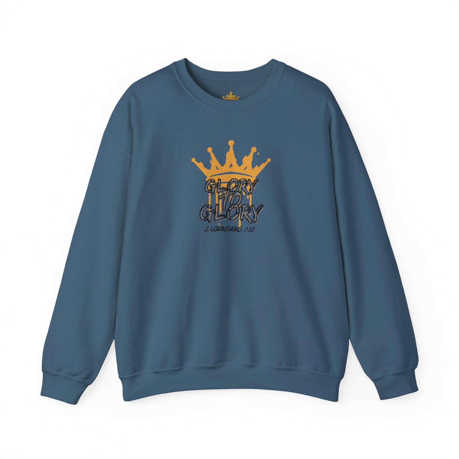 Blue sweatshirt with golden crown graphic and Glory to Glory inspirational apparel text Logos design