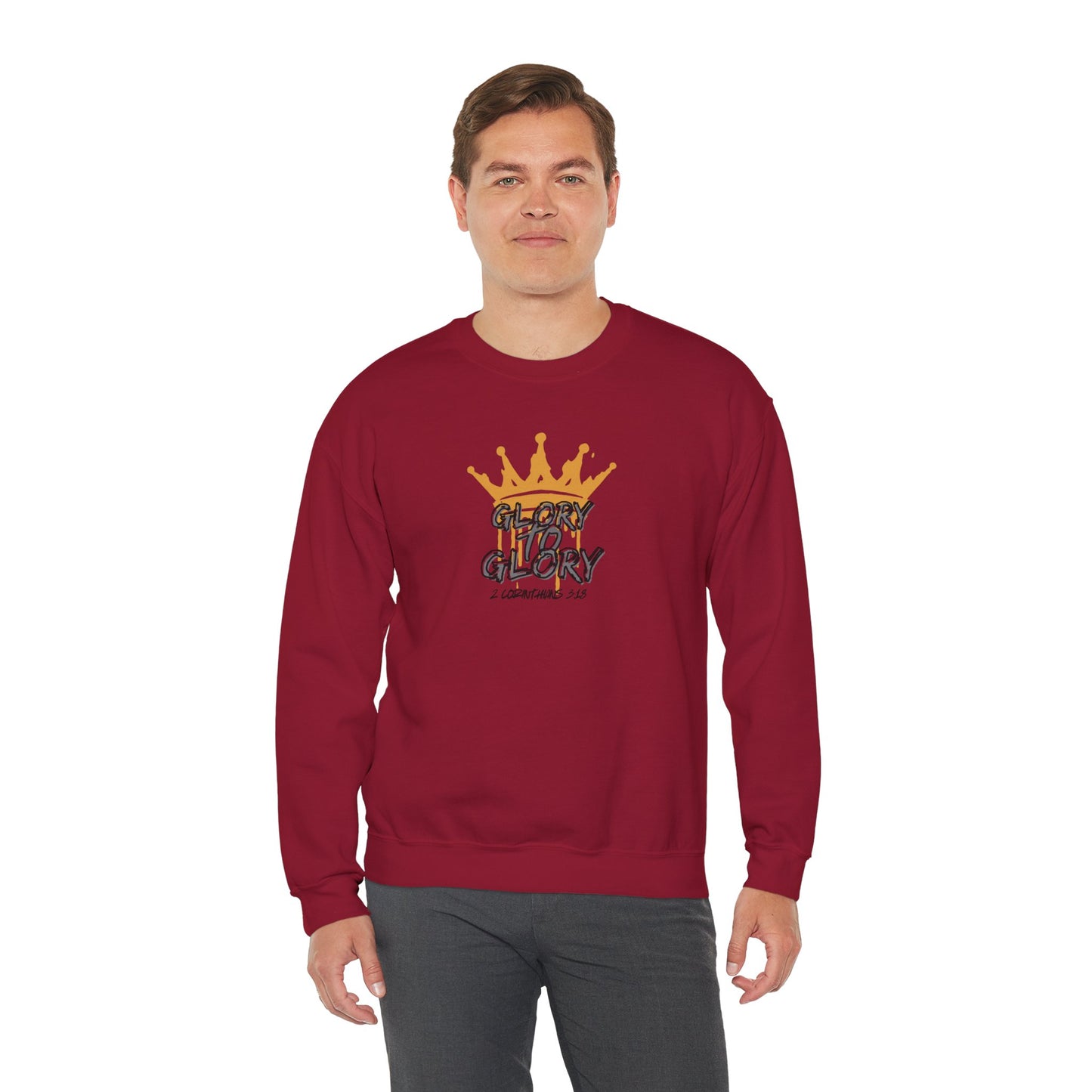 Maroon sweatshirt with crown graphic and Glory to Glory inspirational apparel text worn by a man