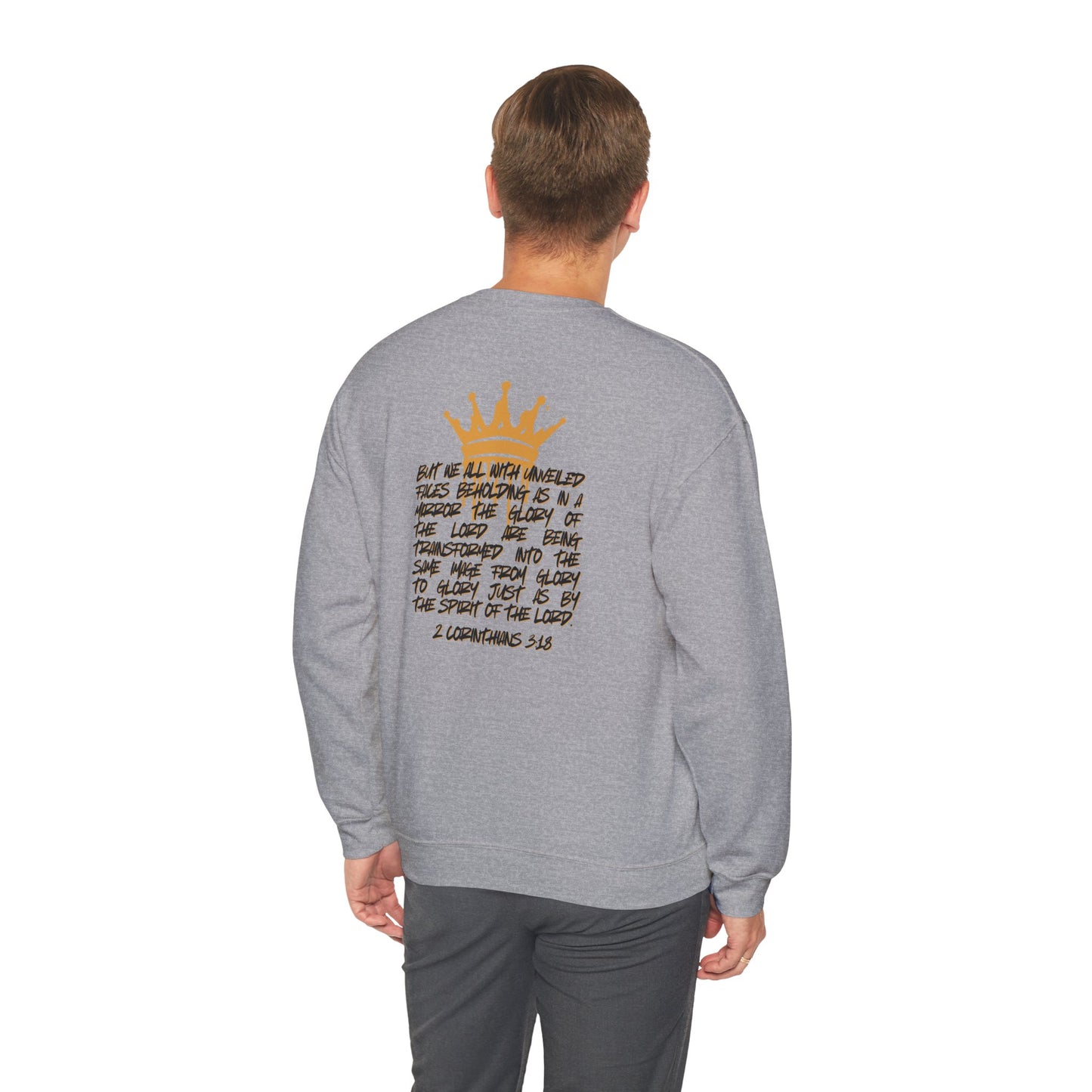 Logos gray sweatshirt featuring Glory to Glory inspirational apparel with a crown and handwritten scripture design