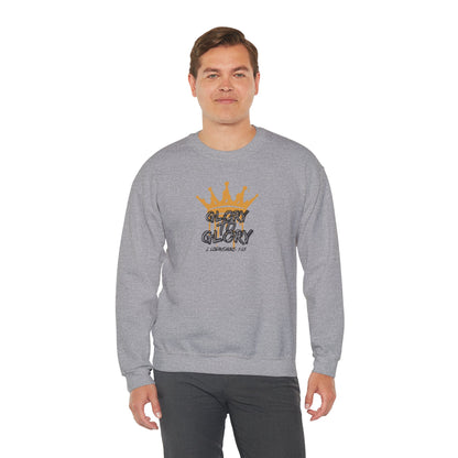 Logos grey sweatshirt with Glory to Glory inspirational apparel design featuring a gold crown graphic