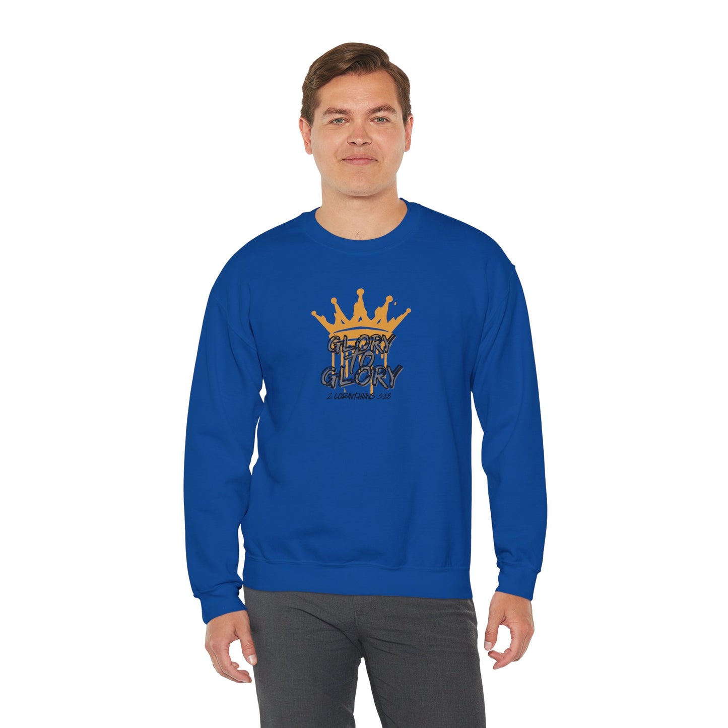 Blue sweatshirt by Printify featuring a gold crown and Glory to Glory inspirational apparel text design