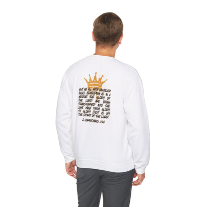 Logos white sweatshirt featuring Glory to Glory inspirational apparel design with crown and Bible verse on back