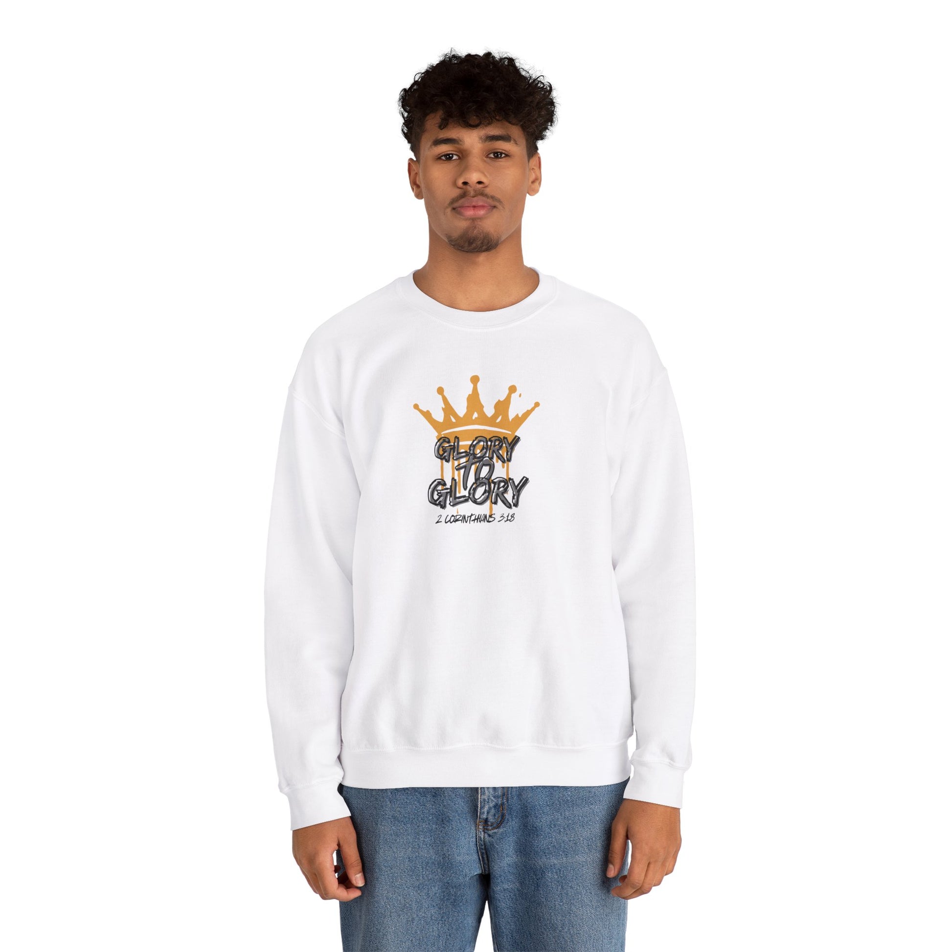 White sweatshirt with gold crown and Glory to Glory inspirational apparel text worn by male model