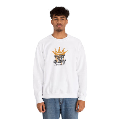 White sweatshirt with gold crown and Glory to Glory inspirational apparel text worn by male model