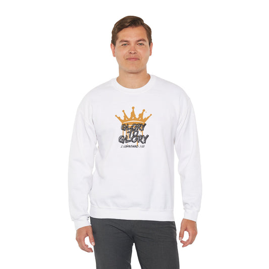 White sweatshirt with Glory to Glory inspirational apparel design featuring gold crown and text on front