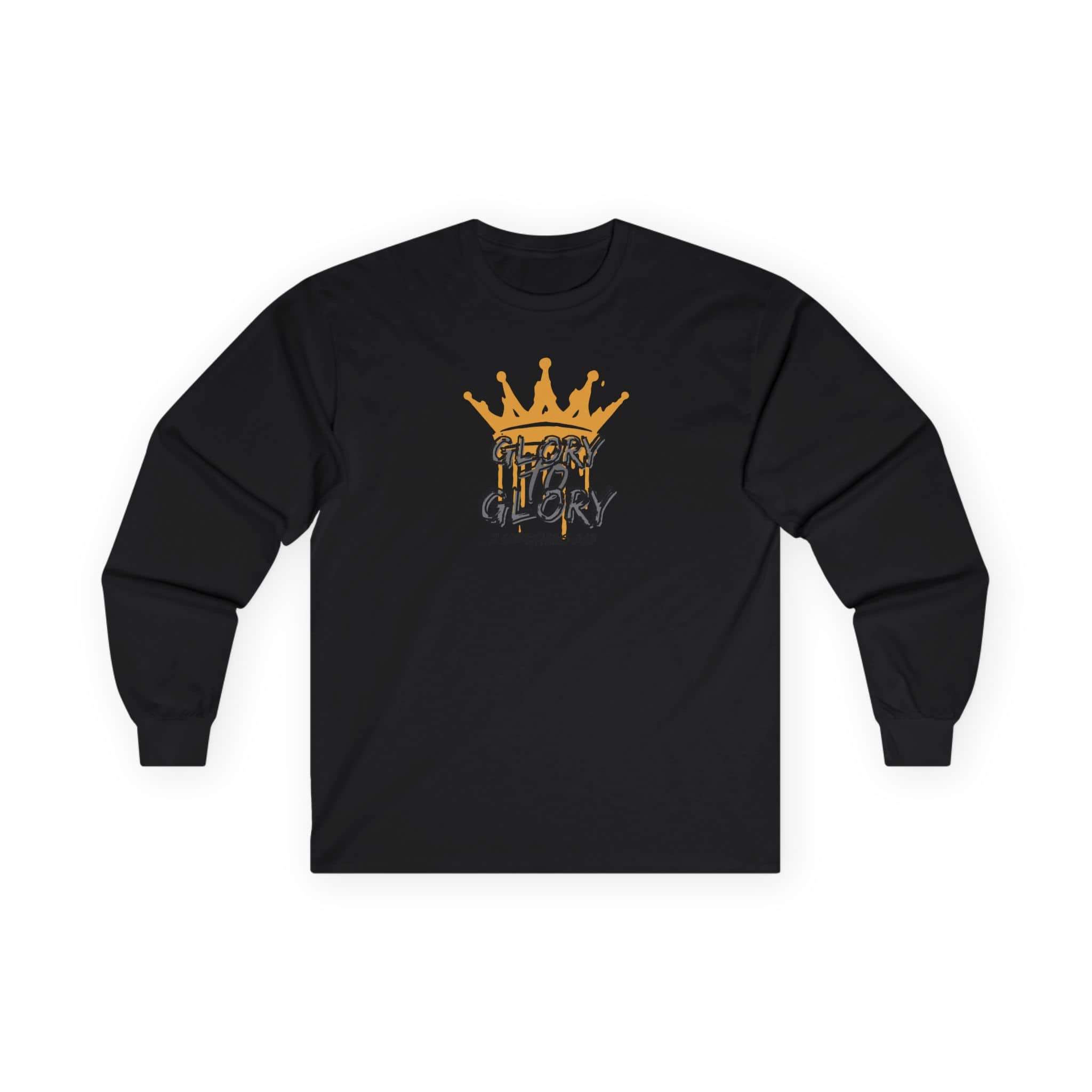Black long-sleeve Glory to Glory shirt with gold crown graphic and dripping paint design