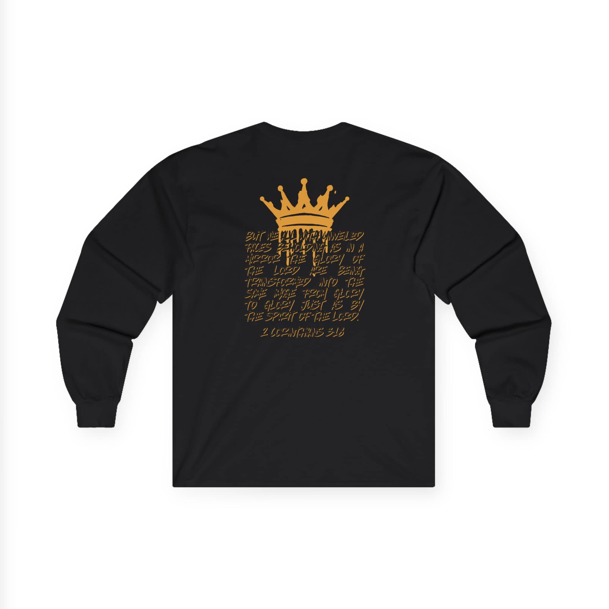 Black long-sleeve Glory to Glory shirt with gold crown and inspirational text design on back