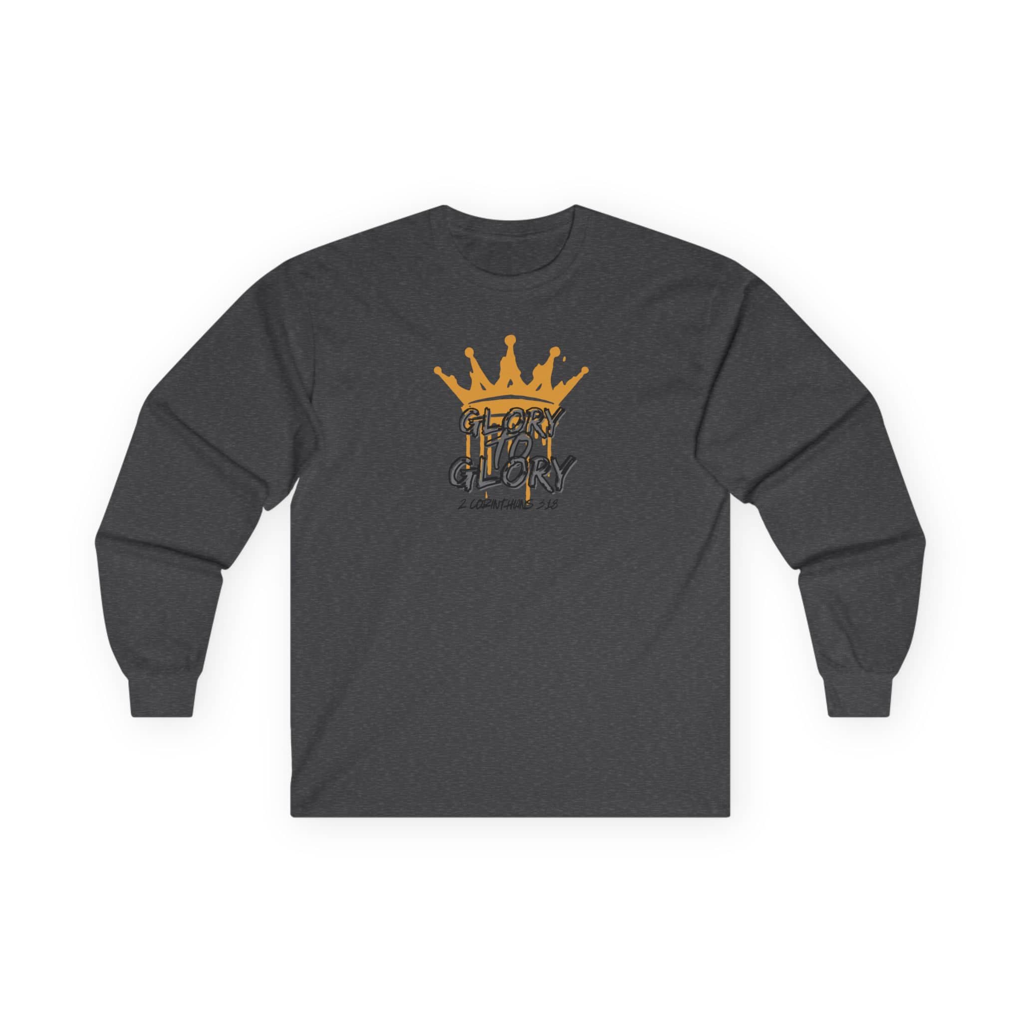 Logos Co. long sleeve Glory to Glory shirt in dark gray with gold crown graphic design
