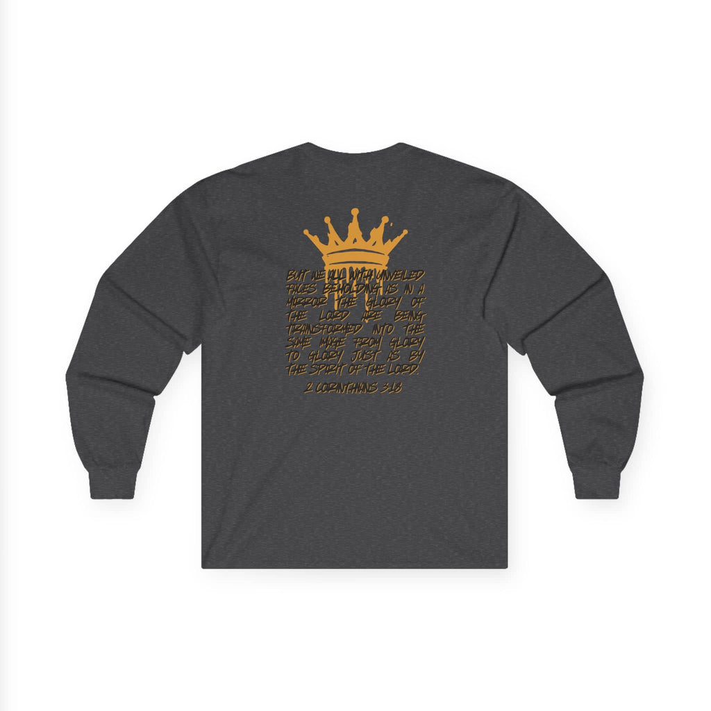 Logos Co. long-sleeve Glory to Glory shirt in dark gray with gold crown and text design on back