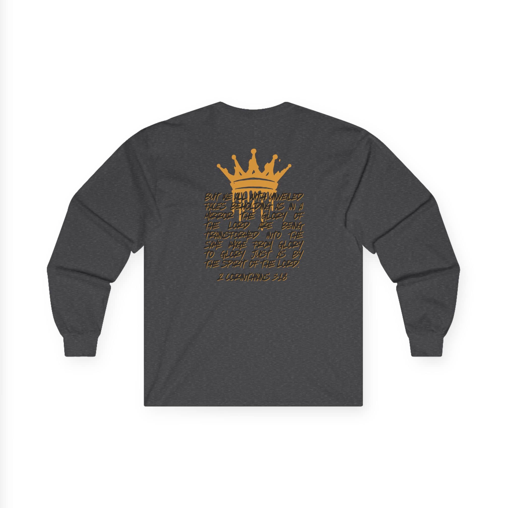 Logos Co. long-sleeve Glory to Glory shirt in dark gray with gold crown and text design on back