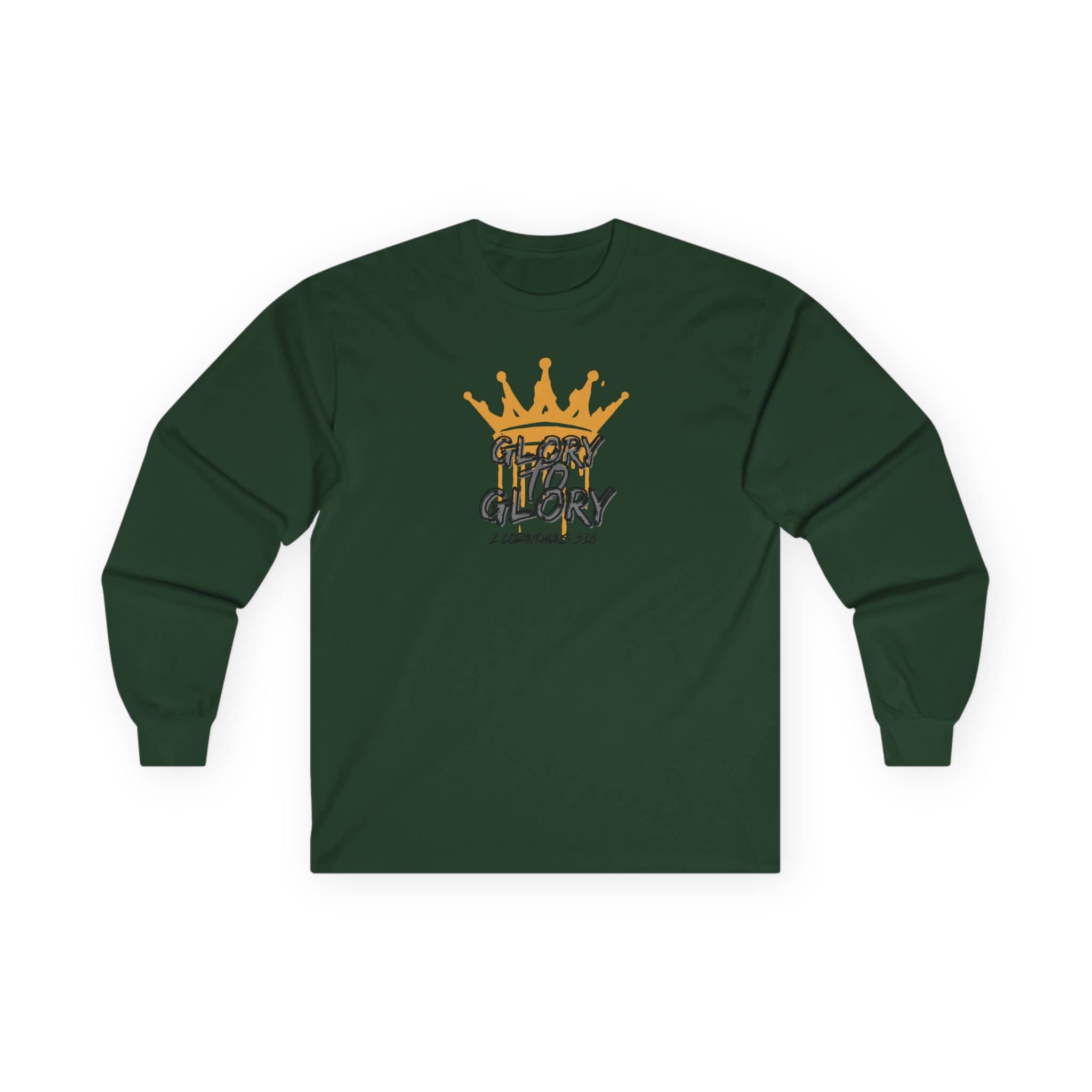 Logos Co. long-sleeve forest green Glory to Glory shirt with gold crown graphic on front