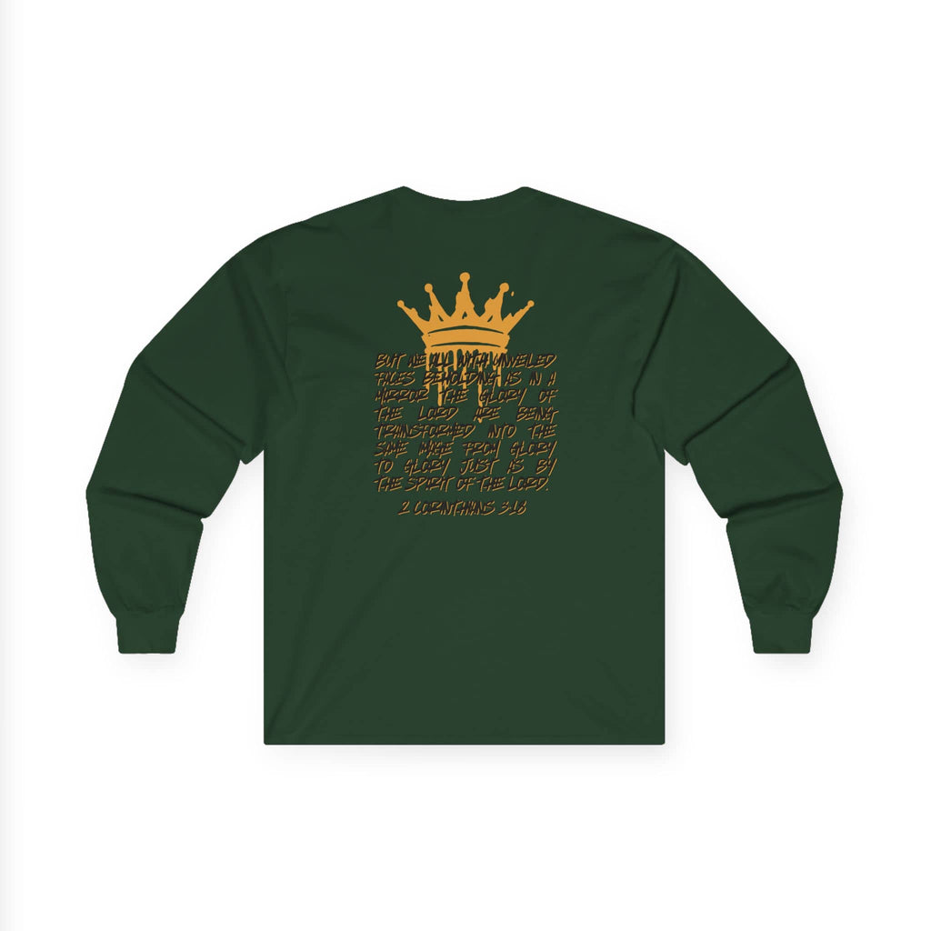Logos Co. long-sleeve Glory to Glory shirt in dark green with gold crown and scripture text design