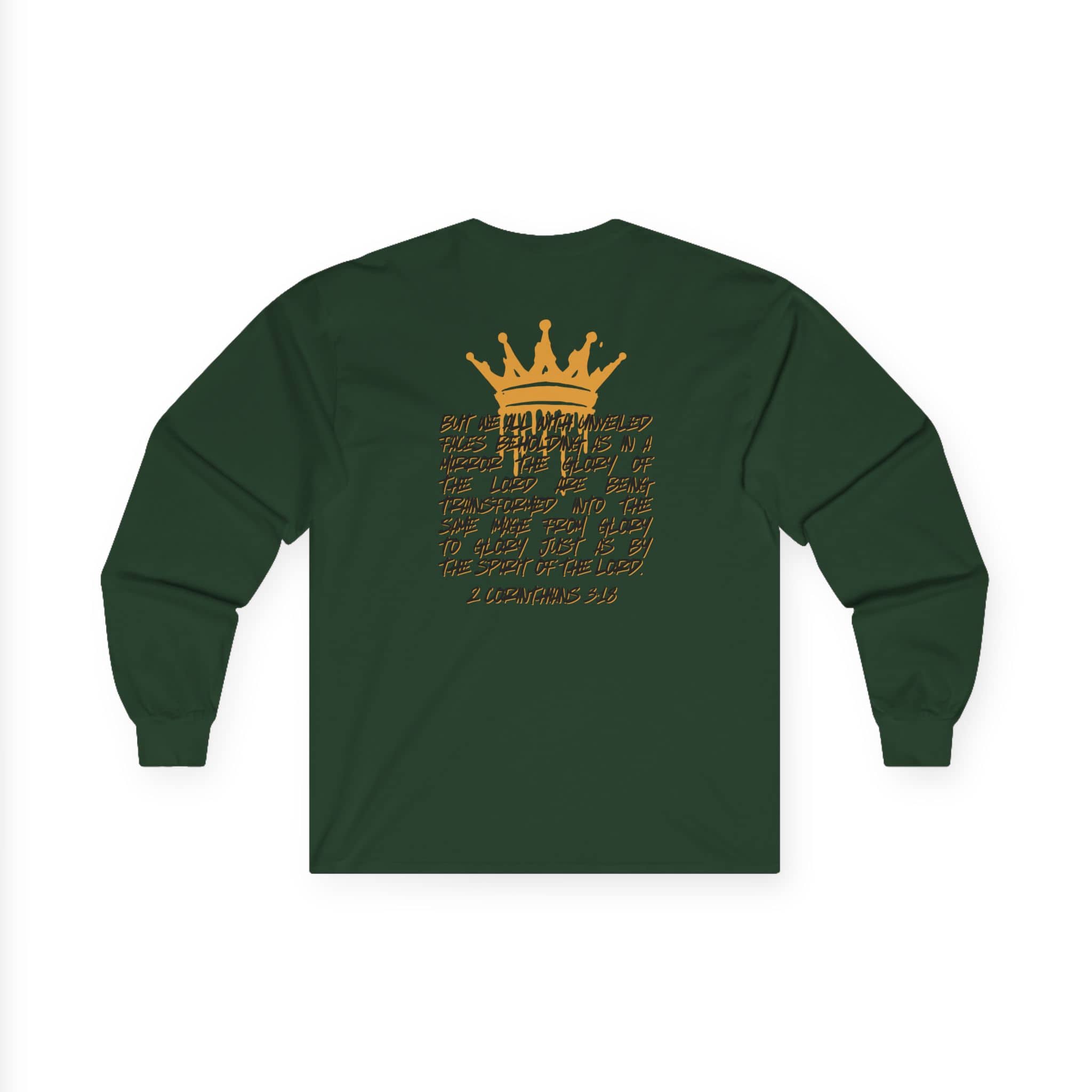 Logos Co. long-sleeve Glory to Glory shirt in dark green with gold crown and scripture text design