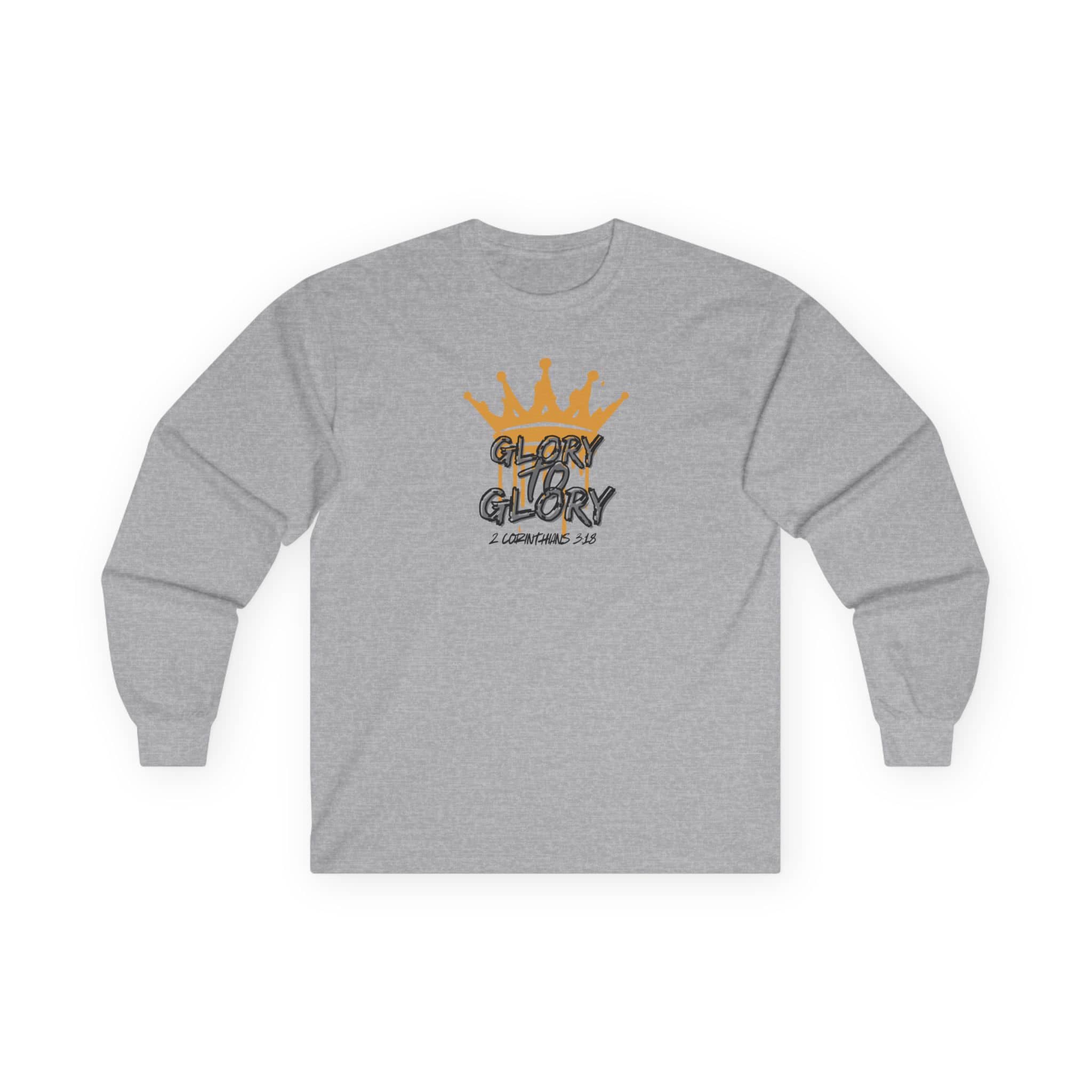 Logos Co. gray long-sleeve Glory to Glory shirt with orange crown graphic and 2 Corinthians 3:18 text