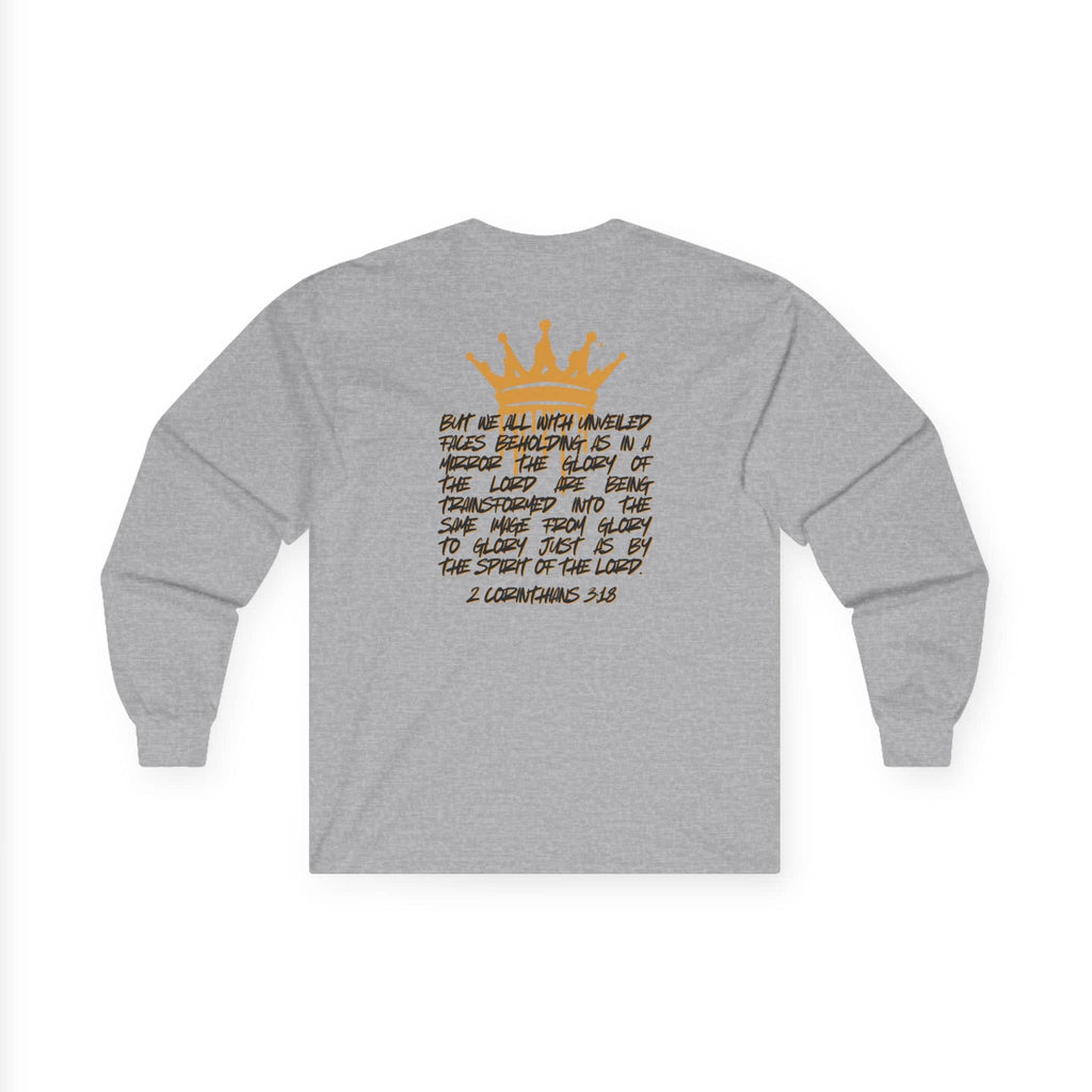 Logos Co. gray long-sleeve Glory to Glory shirt with inspirational Bible verse and gold crown graphic on back