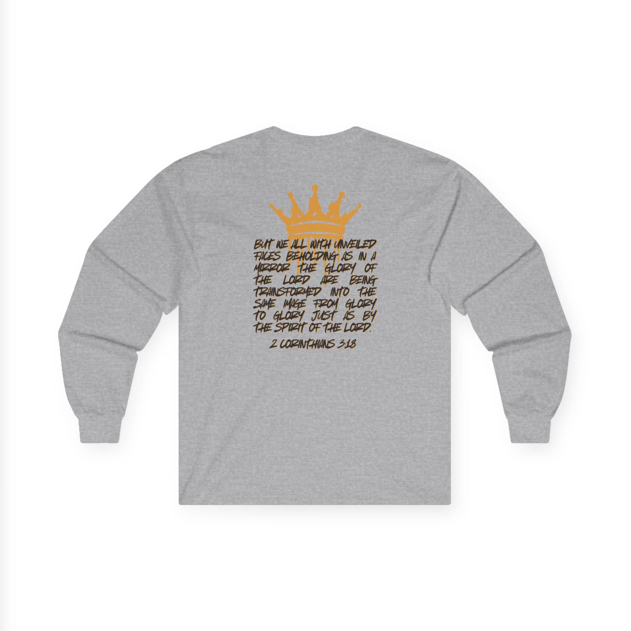Logos Co. gray long-sleeve Glory to Glory shirt with inspirational Bible verse and gold crown graphic on back