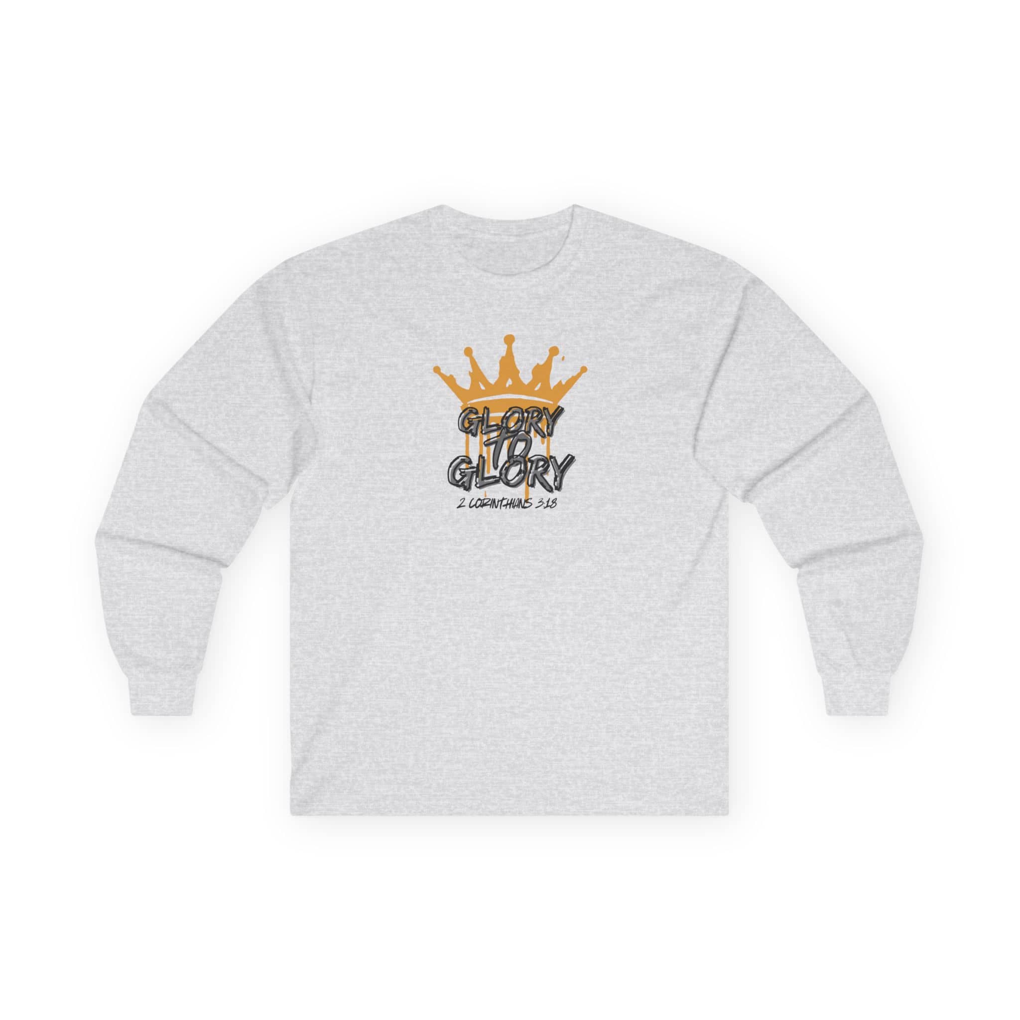 Logos Co. light gray long-sleeve Glory to Glory shirt with crown graphic and scripture text