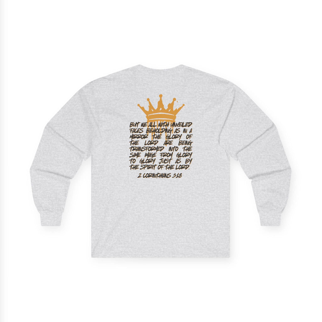 Logos Co. long sleeve Glory to Glory shirt with scripture and gold crown design on back