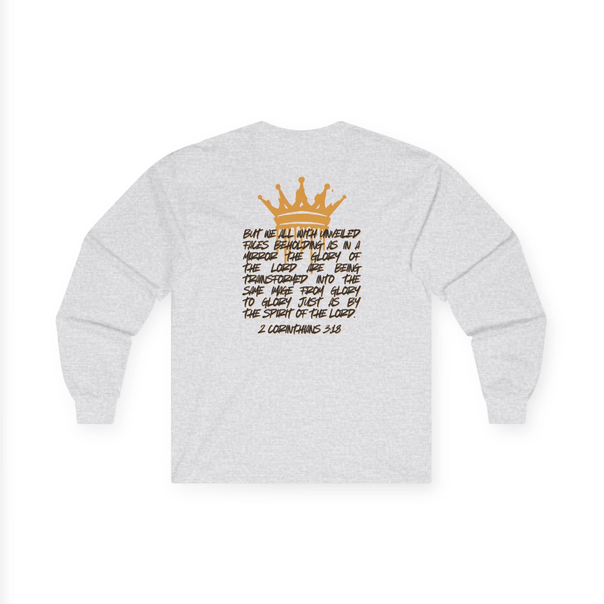 Logos Co. long sleeve Glory to Glory shirt with scripture and gold crown design on back