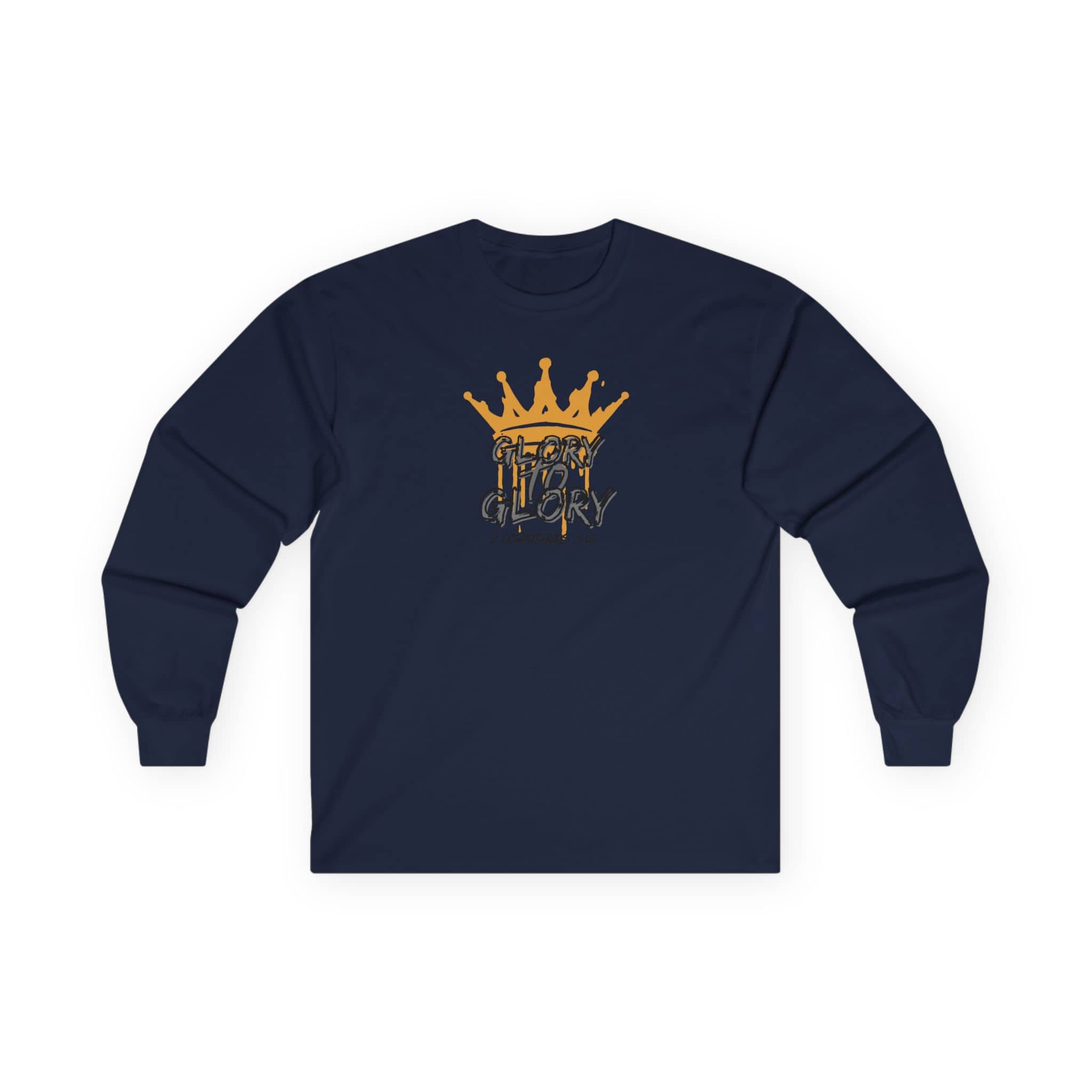 Navy blue long-sleeve Glory to Glory shirt with a gold crown graphic printed on the front