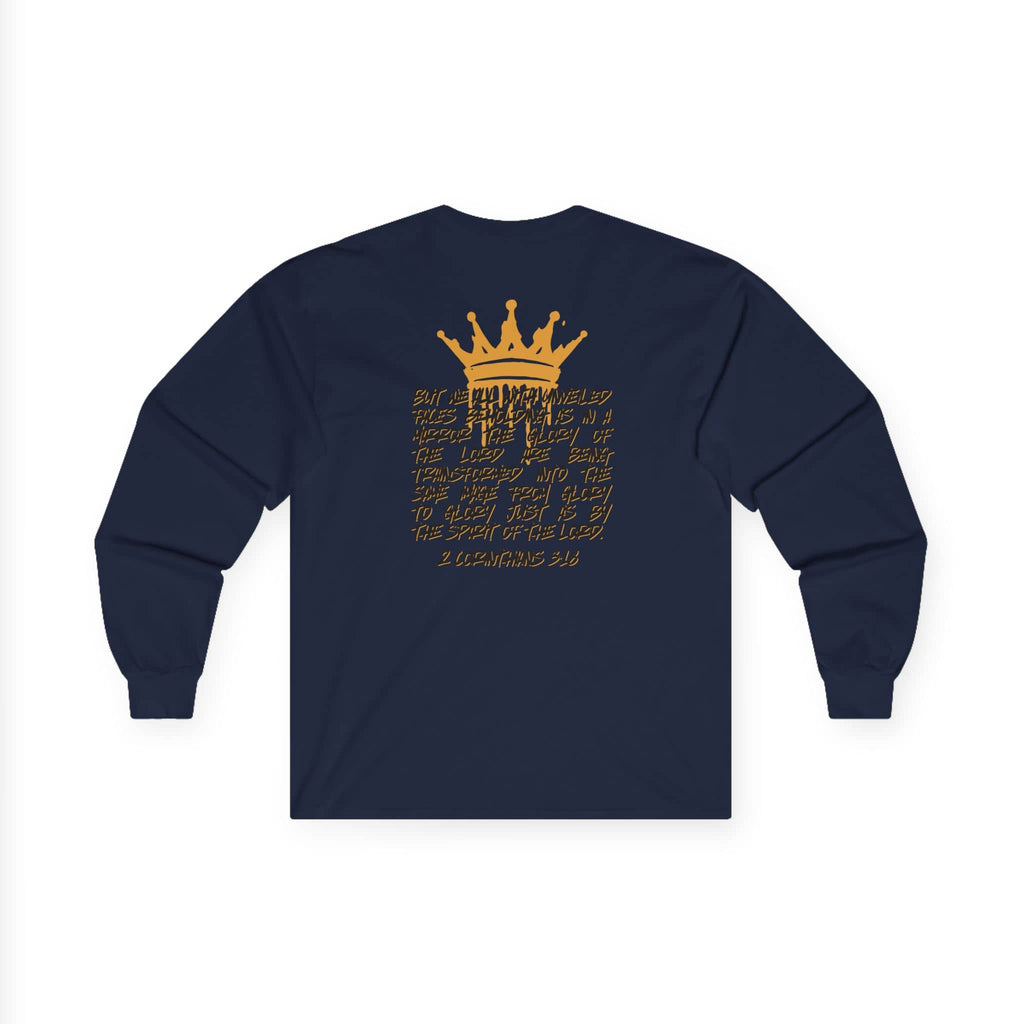 Logos Co. navy long-sleeve Glory to Glory shirt with gold crown and inspirational scripture design on back