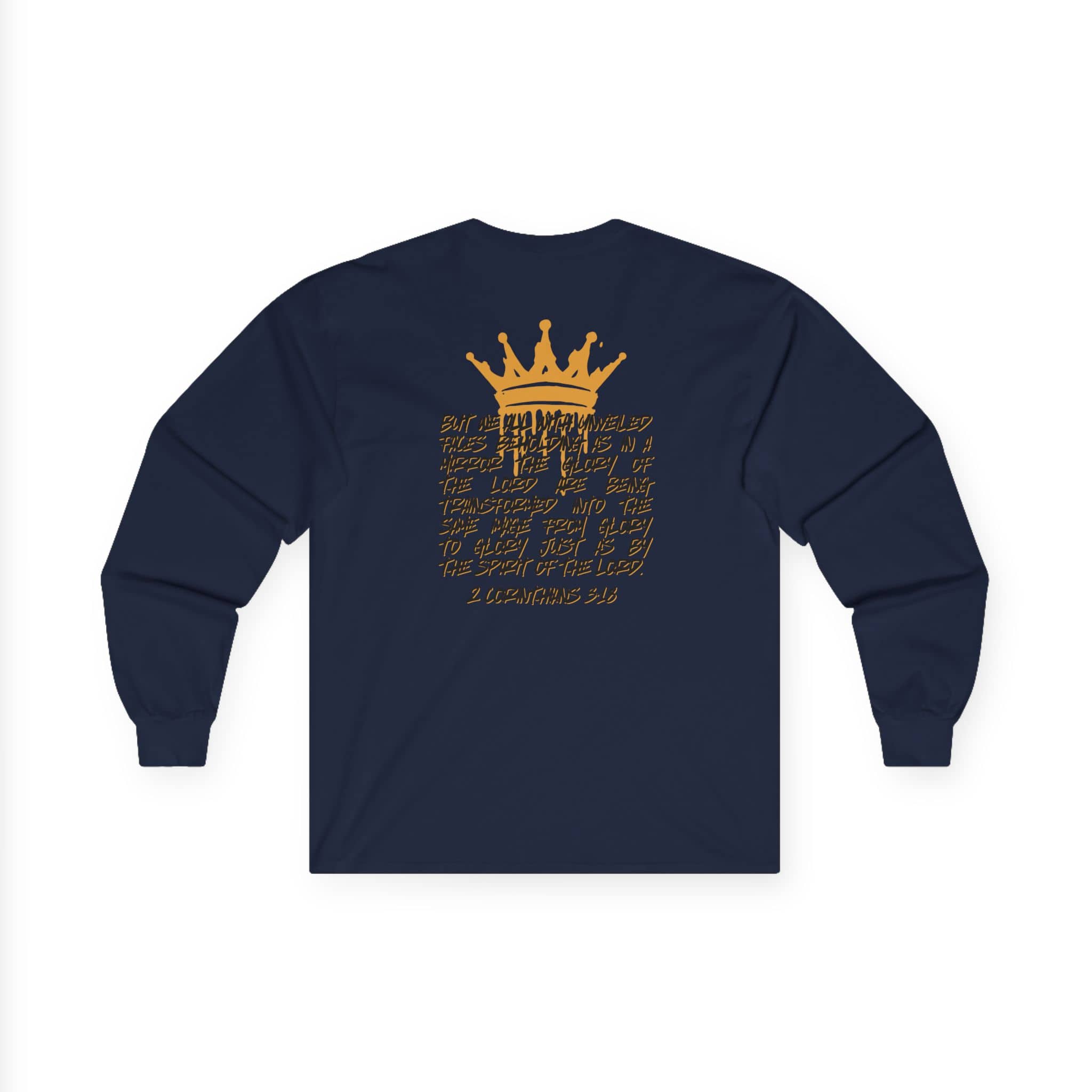 Logos Co. navy long-sleeve Glory to Glory shirt with gold crown and inspirational scripture design on back