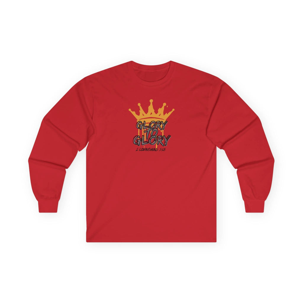 Red long-sleeve Glory to Glory shirt with yellow crown graphic and inspirational text