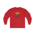 Red long-sleeve Glory to Glory shirt with yellow crown graphic and inspirational text