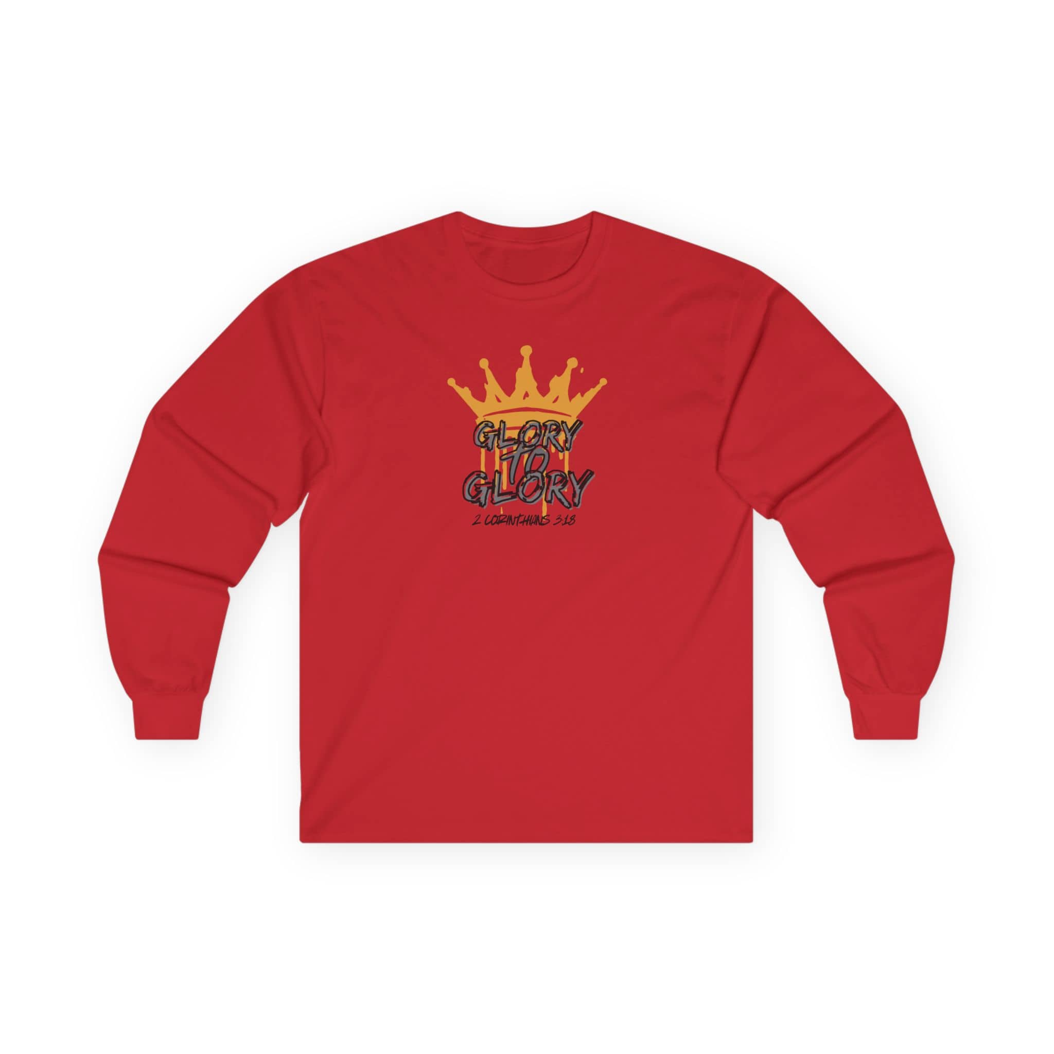 Red long-sleeve Glory to Glory shirt with yellow crown graphic and inspirational text