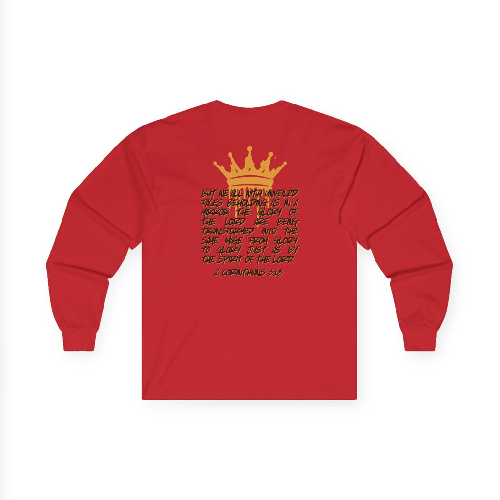 Red long-sleeve Glory to Glory shirt by Logos Co. with gold crown and inspirational scripture text on back