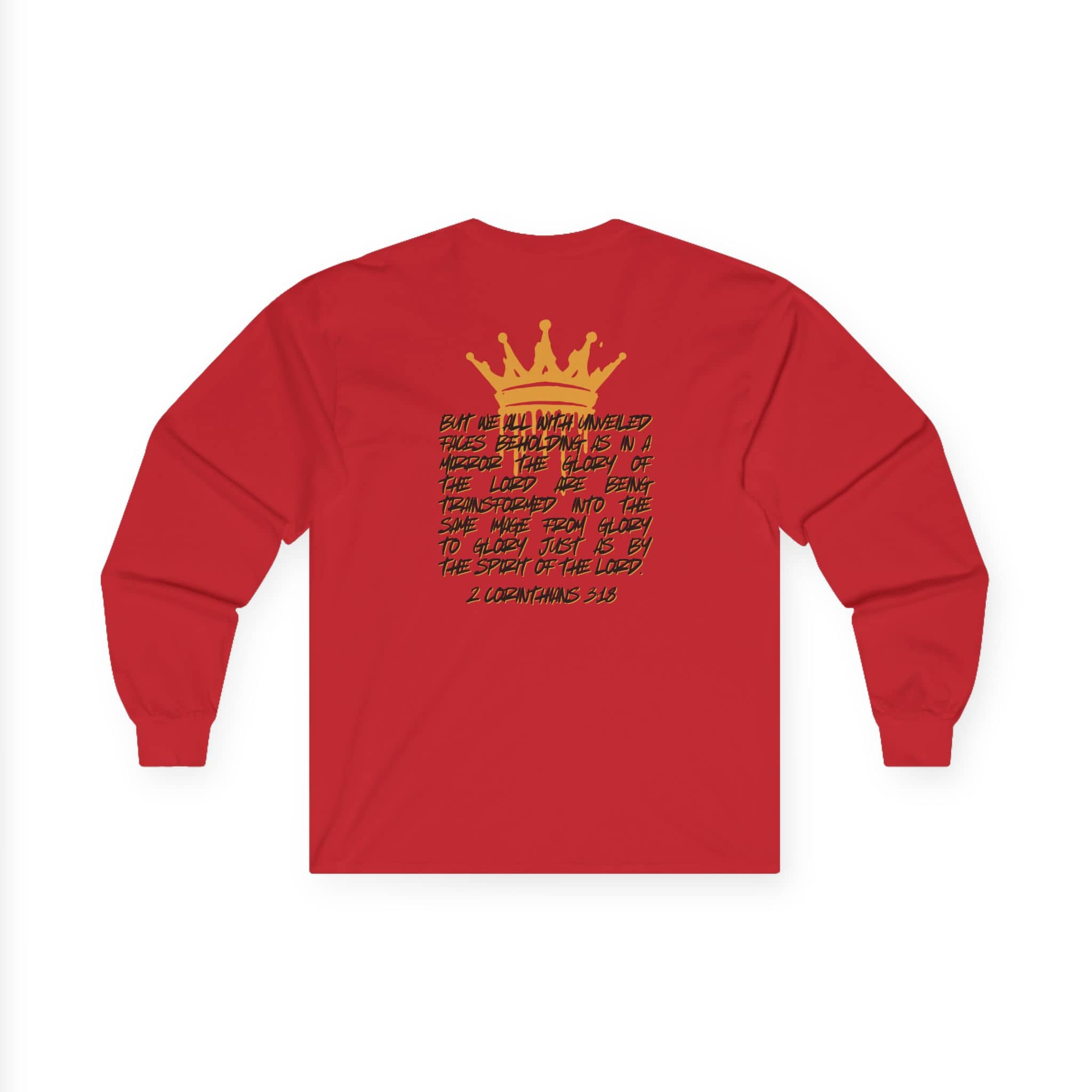 Red long-sleeve Glory to Glory shirt by Logos Co. with gold crown and inspirational scripture text on back