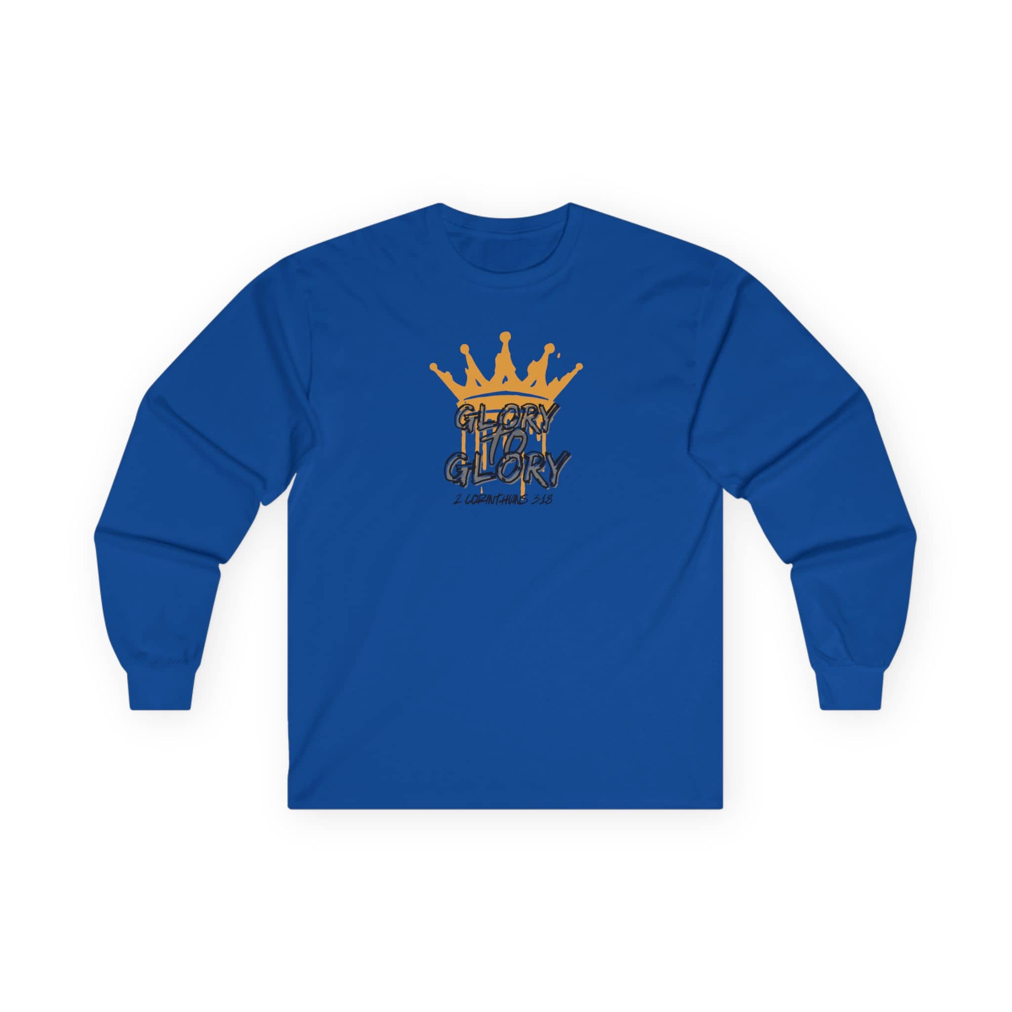Logos Co. blue long-sleeve Glory to Glory shirt with gold crown graphic on front