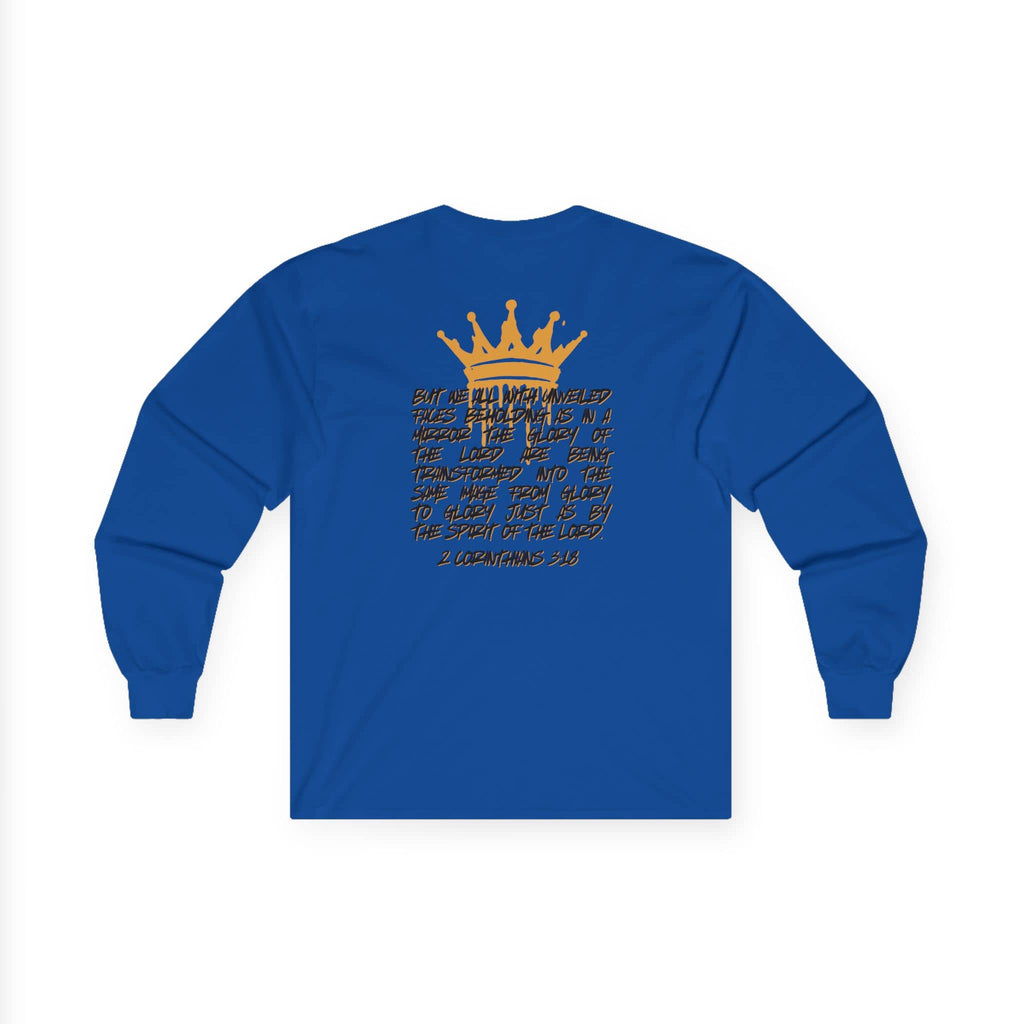 Logos Co. Glory to Glory shirt long-sleeve in blue with gold crown and inspirational biblical text design