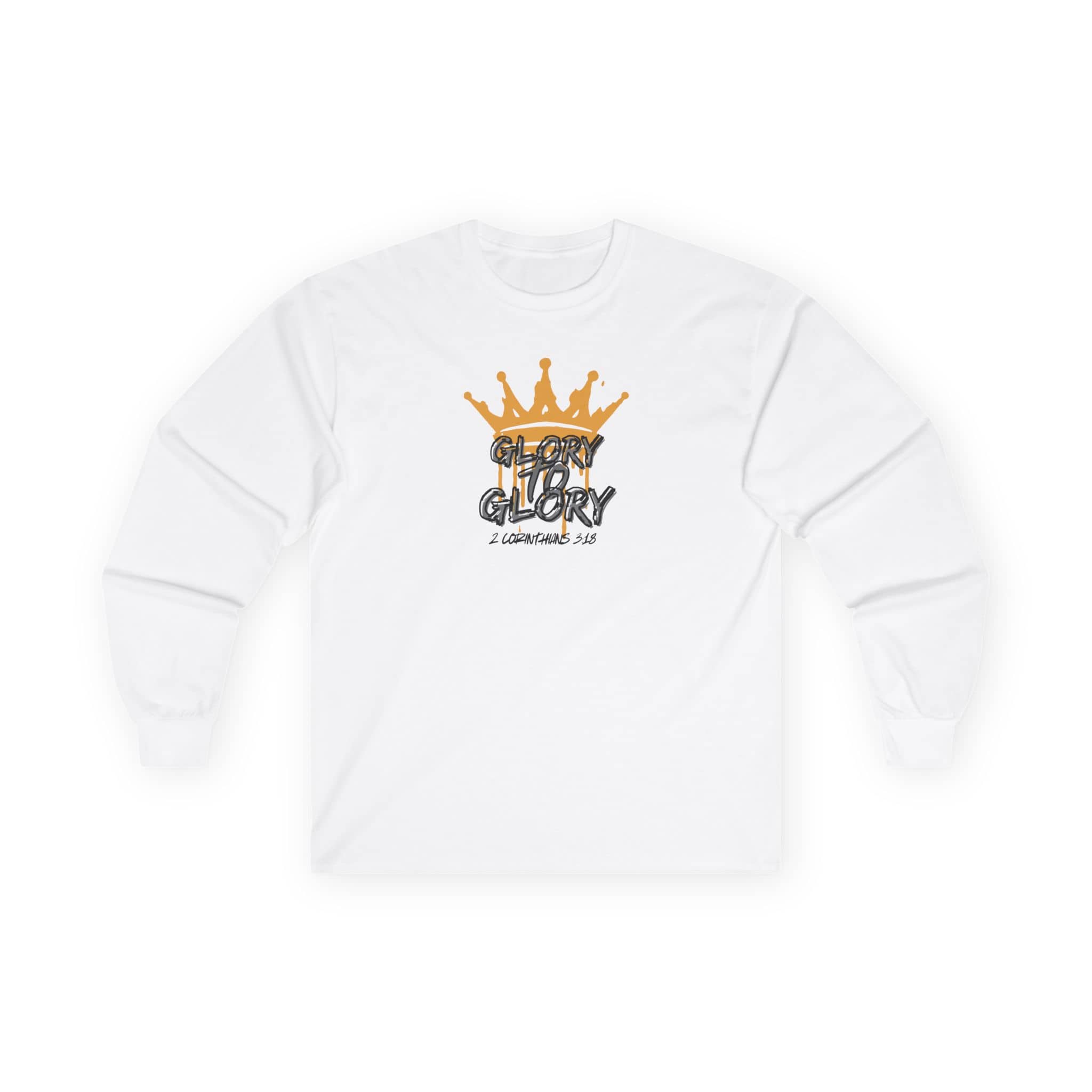 Logos Co. long-sleeve white Glory to Glory shirt with gold crown graphic and scripture text