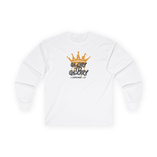 Logos Co. long-sleeve white Glory to Glory shirt with gold crown graphic and scripture text