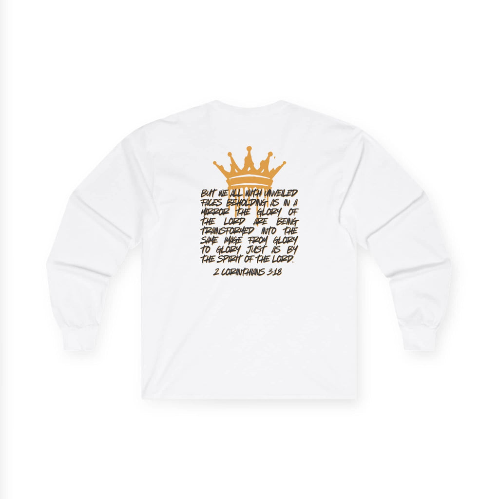 White Logos Co. long sleeve Glory to Glory shirt with gold crown and Bible verse on the back