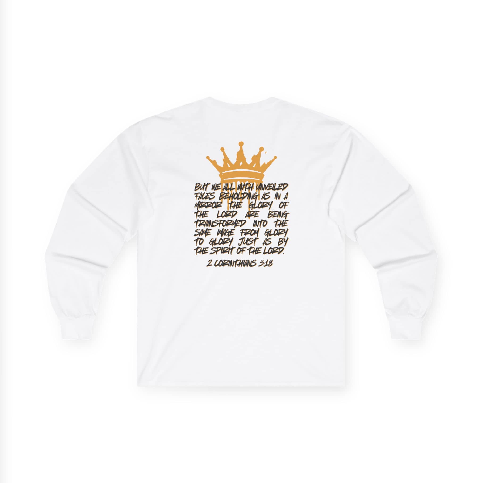 White Logos Co. long sleeve Glory to Glory shirt with gold crown and Bible verse on the back