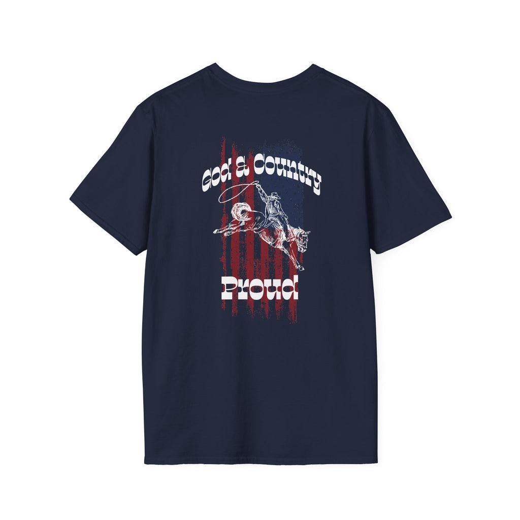 Blue God & Country Proud T-Shirt with graphic design on the back view