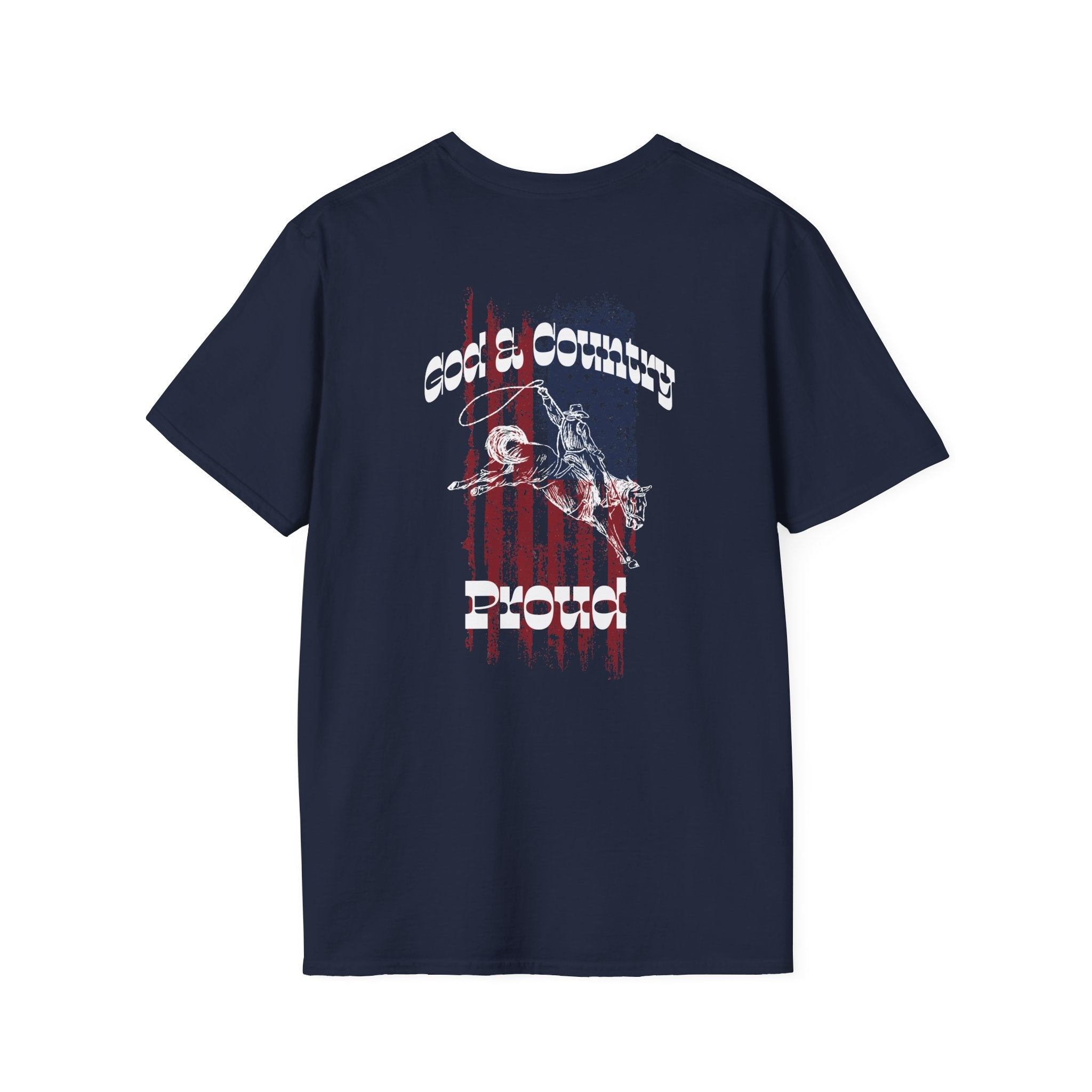Blue God & Country Proud T-Shirt with graphic design on the back view