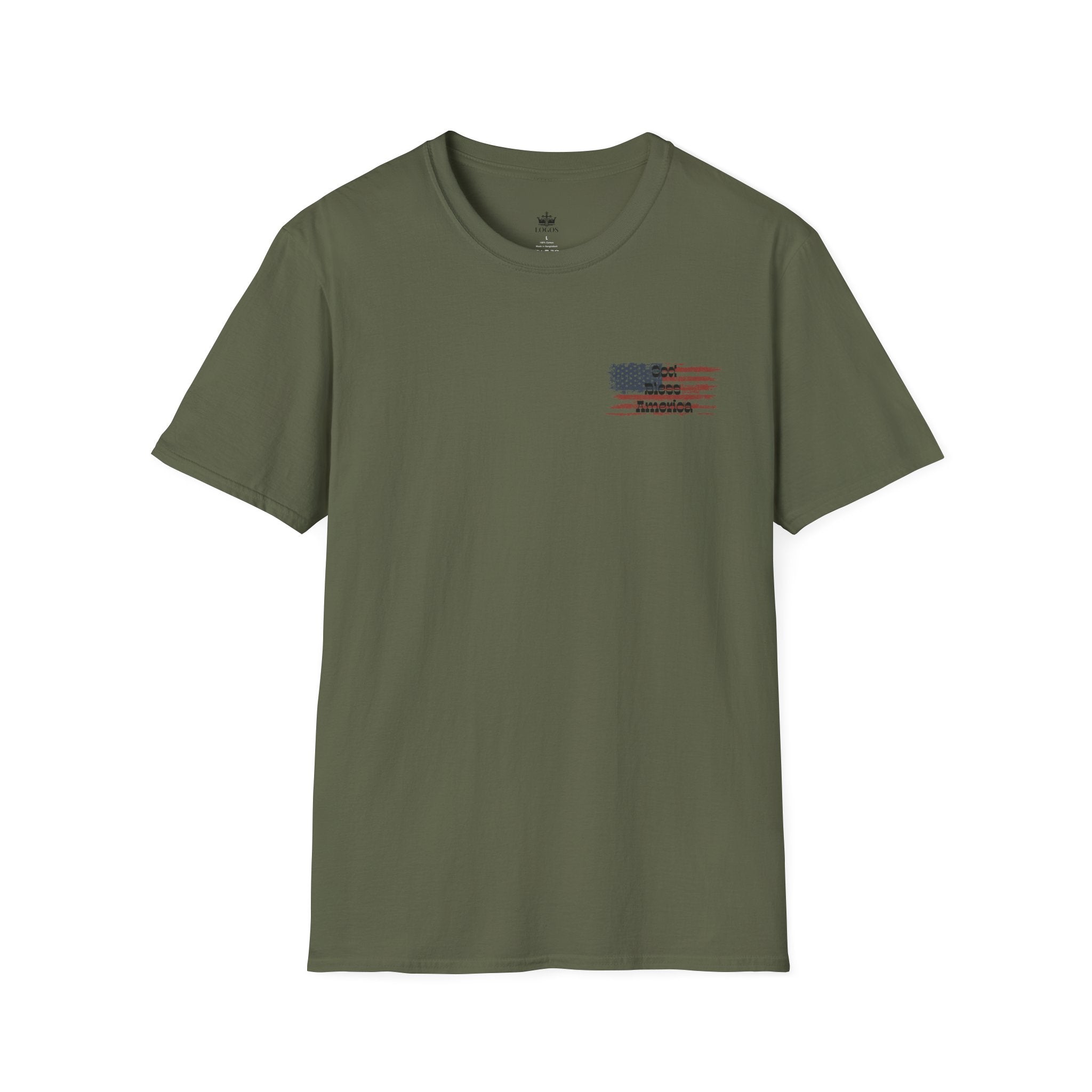 Green God & Country Proud T-Shirt featuring an American flag design on the front