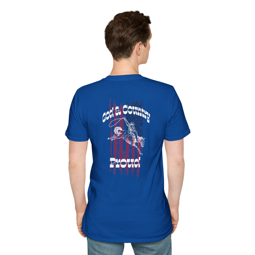God & Country Proud T-Shirt in blue featuring graphic design on the back